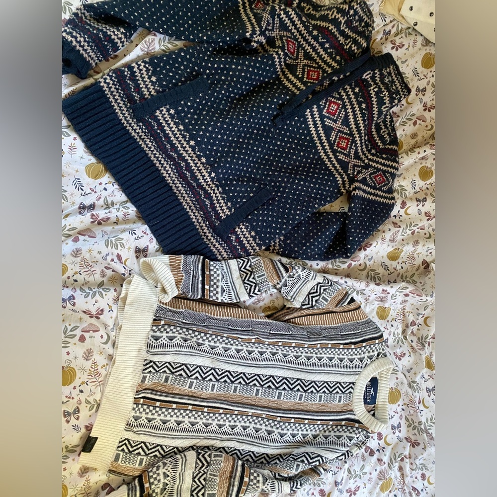2 never worn sweaters blue one w hood from ae white from hollister both xs